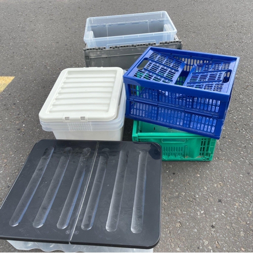 450 - Plastic storage containers various sizes with a green and blue collapsible baskets etc#149