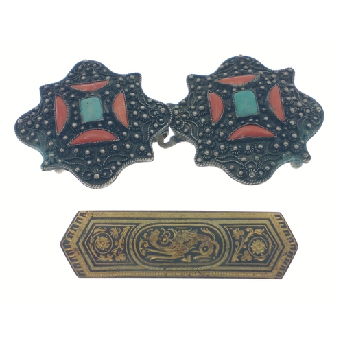 92 - A small Nepalese style belt buckle pair, crudely stamped CHINA.  Bought on the hippy trail back in t... 