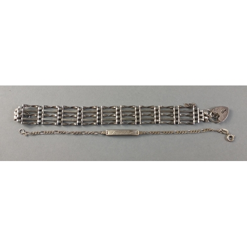 110 - A London hallmarked silver gate-barred bracelet with lock 17cm long, weight 16.60g approx and a 925 ... 