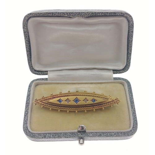 12 - An exquisite Victorian bar brooch marked 15ct in an older jeweller’s box.  Centre stone tests ... 