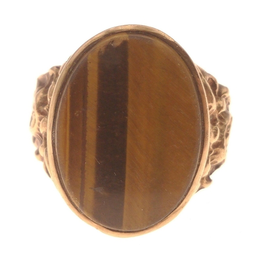 16B - A TIGERS EYE 9ct (faint) stamped SUBSTANTIAL ring size R/S - gross weight 8.91g approx#18