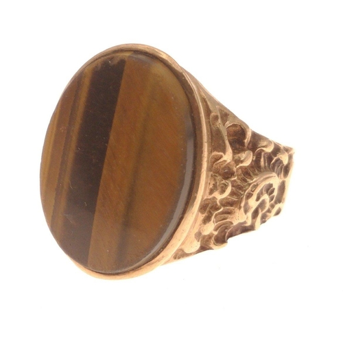 16B - A TIGERS EYE 9ct (faint) stamped SUBSTANTIAL ring size R/S - gross weight 8.91g approx#18