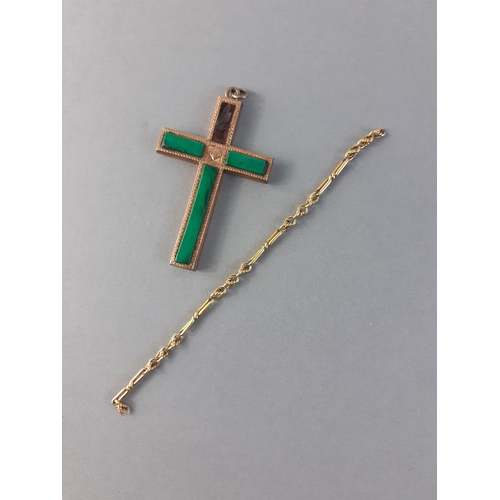 17 - Pretty unmarked yellow metal crucifix with green stone arms (one missing) weighs 7.4g approx and a s... 