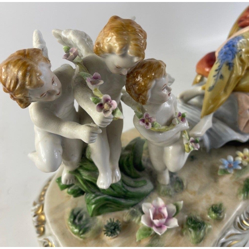 211 - DRESDEN RICHARD KLEMM (1869-1916)  large porcelain table centrepiece ornament with cherubs pulling a... 