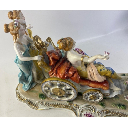 211 - DRESDEN RICHARD KLEMM (1869-1916)  large porcelain table centrepiece ornament with cherubs pulling a... 