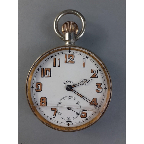 25 - A large Goliath size 8 Day pocket watch in working condition.  Lid stamped Argentum Swiss Made 13850... 