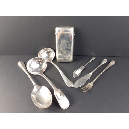 38 - A small quantity of silver plate including a MAPPIN & WEBB gravy ladle and a cigar case by HJ &a... 