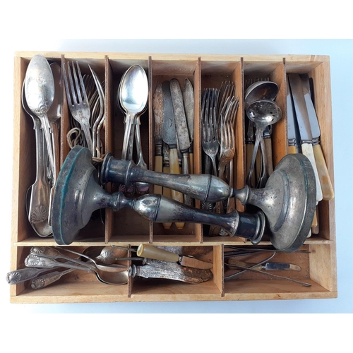 39 - A wooden cutlery tray full of flatware of various ages and designs some silverplate with 2 weighted ... 