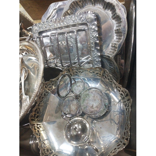 47 - A box of various plated ware including bud vases, toast racks, flatware and much, much more#54