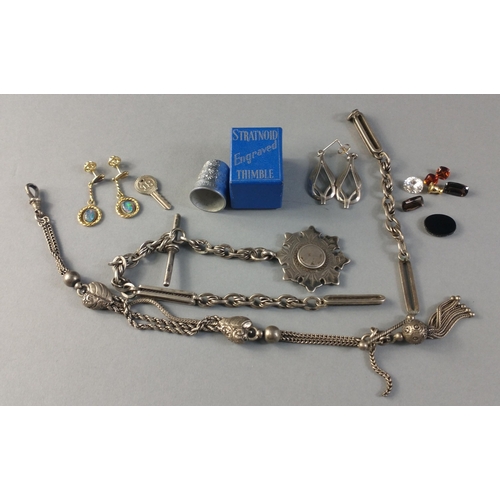 81 - A small bag of white metal jewellery to include 2 part chains, a STRATNOID thimble, and 2 pairs of e... 