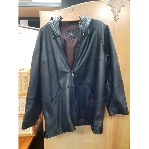 349 - A ladies MILAN black leather zip-up jacket with hood, size 16, also a ladies dark green suede jacket... 