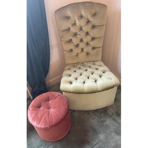 413 - A green velour deep buttoned bedroom chair with a velour pink footstool with lid which also acts as ... 