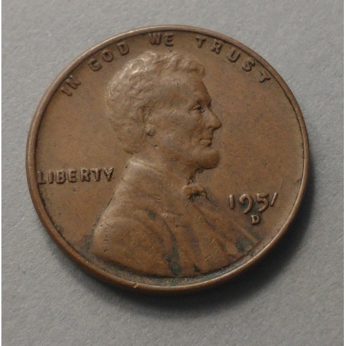 42 - A very rare UNITED STATES One Cent Lincoln Head Denver Mint coin.  Possibly 1951 but the one is angl... 