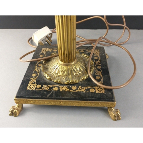 467 - A beautifully classic candlestick table lamp with square gold-embossed leather-like base measuring a... 