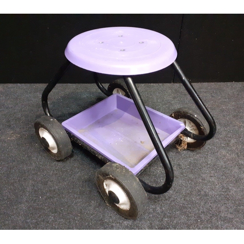 505 - A very useful little rubber wheeled GARDEN WEEDING STOOL with tray beneath. Substantial robust metal... 