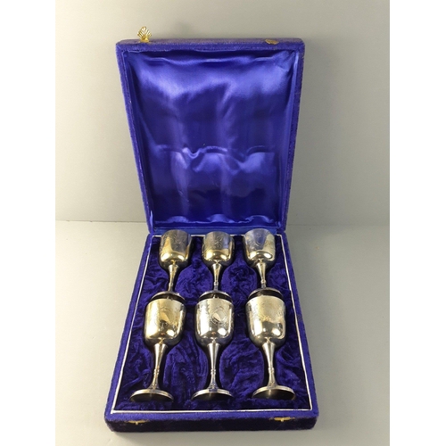 92 - A set of six engraved EPNS goblets in a blue velvet lined presentation box#27