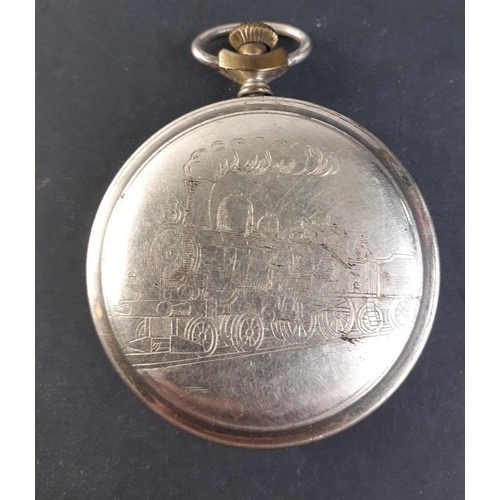 104 - FIDES RAILWAY TIMEKEEPER pocket watch with an engraved steam locomotive on the back cover - the watc... 