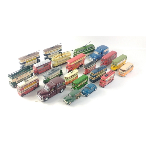 184 - A box of Diecast models to include many CORGI buses and trams as well as some Lledo models.#198