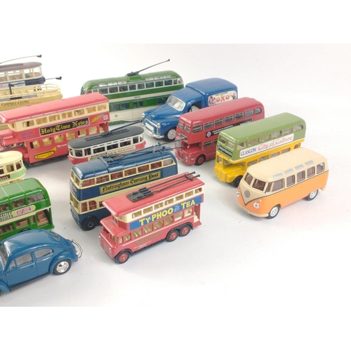 184 - A box of Diecast models to include many CORGI buses and trams as well as some Lledo models.#198