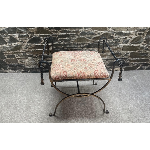 299 - NICE QUALITY! 
An UNUSUAL cross banded metal-work stool with seat pad -18” wide x 14” de... 