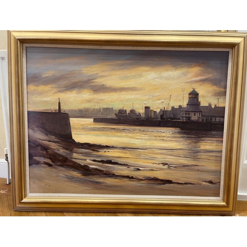 385B - ABERDEEN ART INTEREST! 
Artist ERIC AULD 'ABERDEEN HARBOUR EVENING 1989 large framed canvas signed b... 