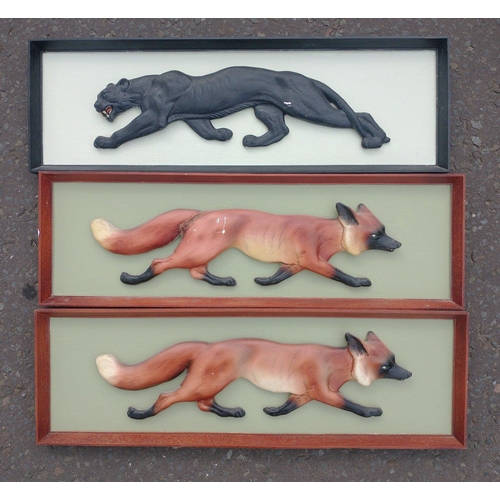 387 - Three framed 3D artworks to include a black panther and two running foxes frame size 29