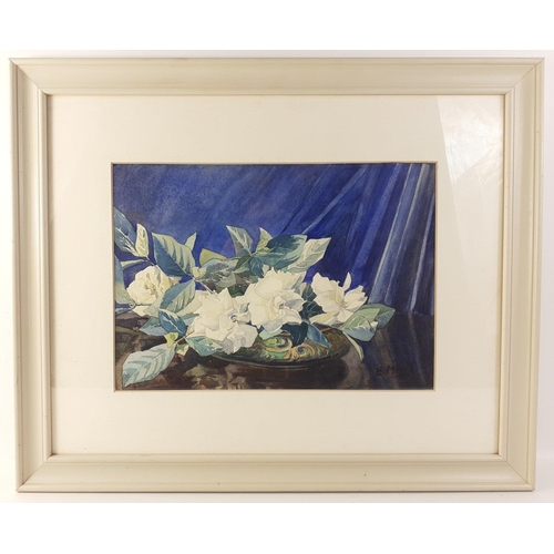 398 - An ORIGINAL STILL LIFE WATERCOLOUR PAINTING by E. MANSON of white flowers on a bowl and table with b... 