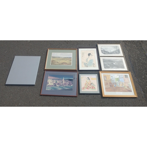 405 - A selection of pictures including antique engraved images by BARRANCE, a 1980s frame photo, some Ori... 