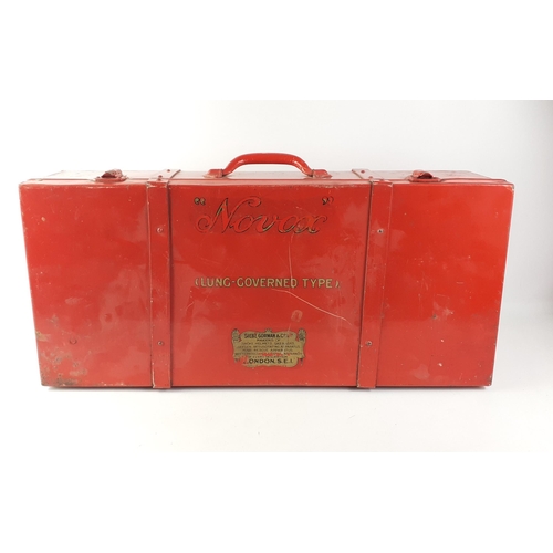 438 - A vintage red metal SIEBE GORMAN box 'Novox lung governed type' measures 64x28x16cm#462