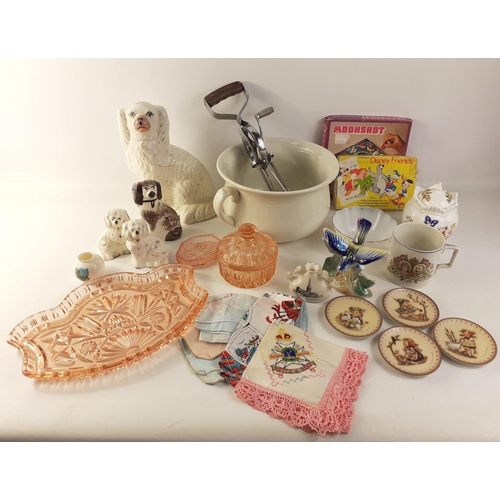 467 - A mixed box to include a CARNIVAL GLASS dressing table set, a lovely milk glass bowl with raised des... 