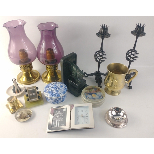 472 - A box of bric-a-brac to include two rather attractive glass shaded brass candle lamps, a pair of wro... 