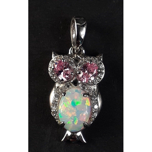 49 - A JON RICHARD owl brooch, a small silver owl pendant with an opal body and pink stone eyes (1.75cm x... 