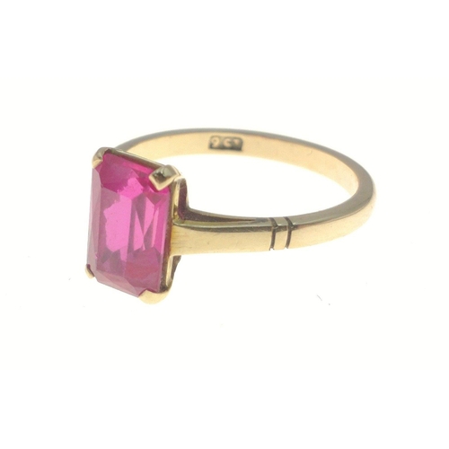 5 - A 9ct stamped ring set with single red/pink stone, gross weight 2.6g approx, size N.  Stone dimensio... 