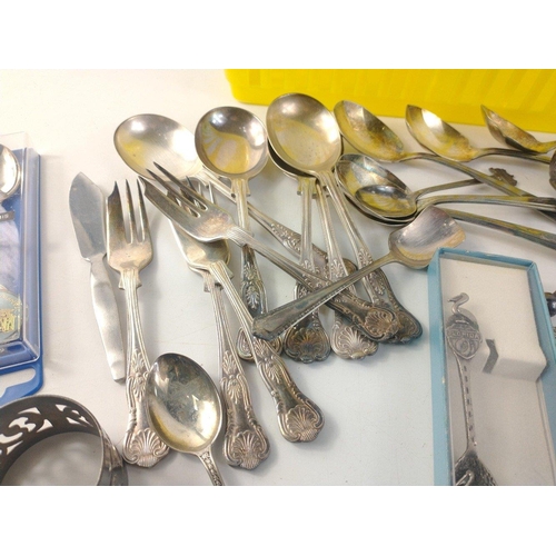 60 - A small quantity of EPNS and white metal cutlery to include a pair of wooden handled monogrammed sal... 