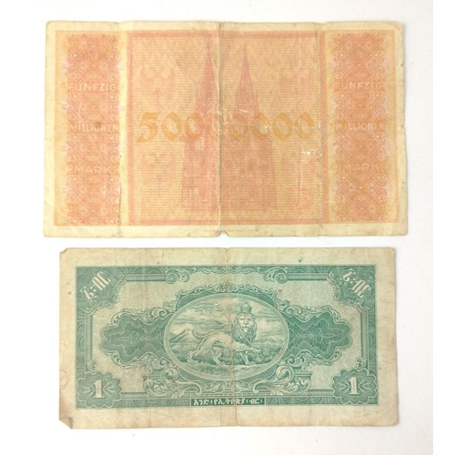 86 - Two banknotes of numismatic interest to include an AA note from the STATE BANK OF ETHIOPIA, a one Et... 