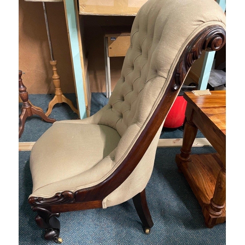 352 - VICTORIAN BEAUTIFUL QUALITY! 
A DEEP BUTTONED nursery style chair of the 'highest quality' on brass ... 