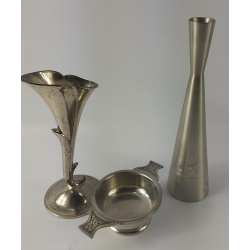 49 - Small metalware group of three items.  Small decorative Selangor Pewter rose vase 20cm approx, tulip... 