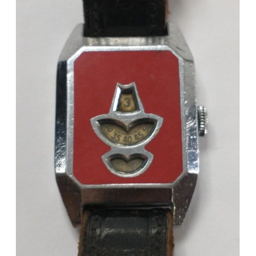 98 - Vintage Jump Hour watch, unbranded and not currently running but unusual with red face.#120