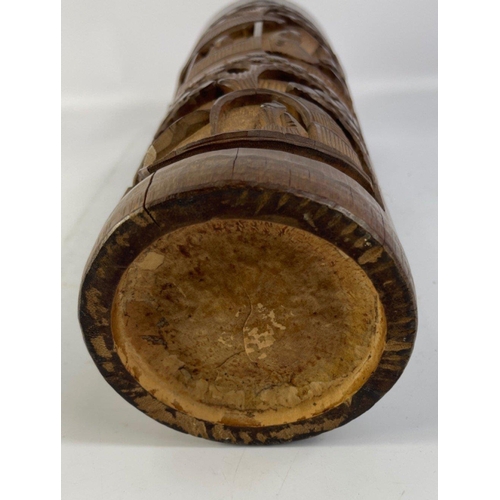 236 - A vintage Oriental bamboo carved brush pot with lovely deep carving. 32cm tall and in excellent cond... 