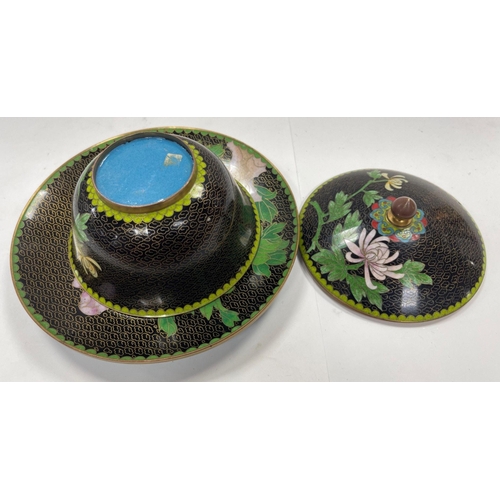 238 - A rather attractive Chinese CLOISONNE lidded rice bowl with cobalt blue interior and gilt rim and pl... 