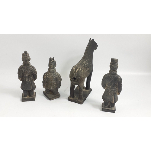 266 - Four terracotta figures from the site of the famous Chinese terracotta army.  The horse is 11cm high... 