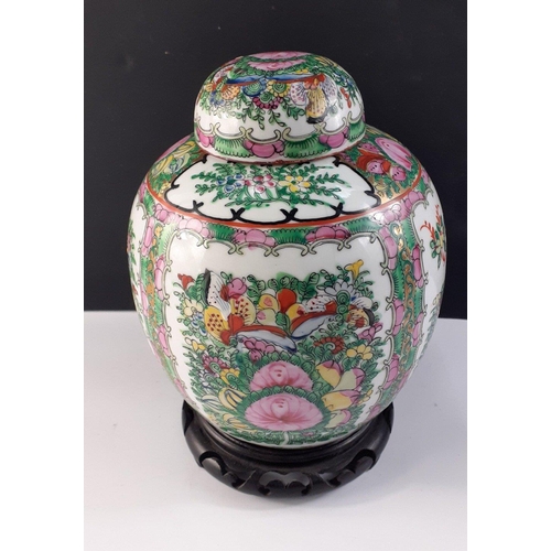 273 - A lovely Oriental GINGER JAR on wooden plinth with well-executed floral and bird decoration. 24cm ta... 