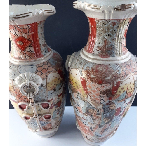 276 - A pair of large crackleware SATSUMA vases decorated with traditional Japanese figures including fear... 