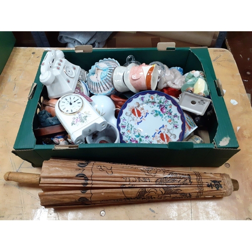 305 - A box of oriental china and others to include parasol, vases and other items of interest#305