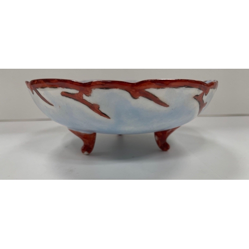 327 - A stamped hand-painted LIMOGES raised bowl on 3 legs, with JR initials to base 17cm dia. and 7cm H#3... 