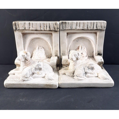 425 - A pair of vintage ARTISCO fireplace bookends with homely cat and dog enjoying the flames.  Stand 15c... 