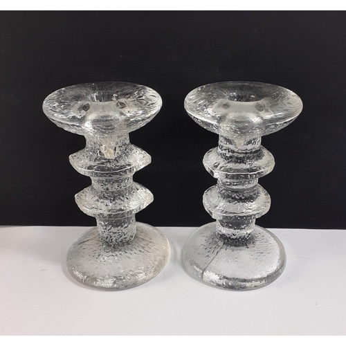 446 - A lovely pair of moulded frosted glass CANDLESTICKS in excellent condition. 12cm approx.#445