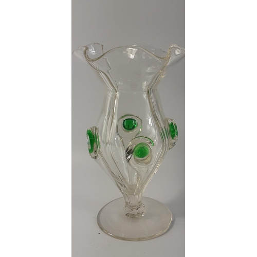 447 - A beautiful Art Nouveau Stuart & Sons Green Peacock Eye trailed glass vase ca. 1900.  Minor chip... 