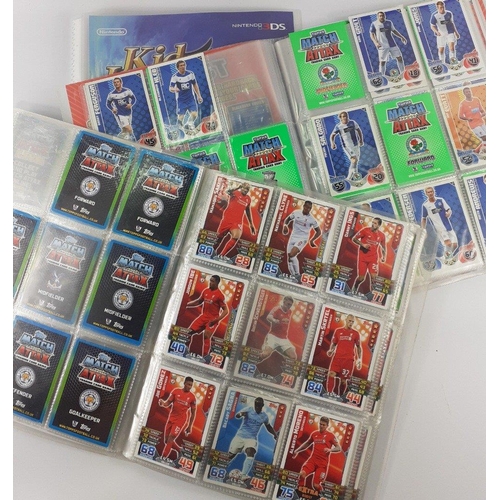 457 - Three folders of trading cards and collectors cards to include MATCH ATTAX x2 and Panini Nintendo KI... 