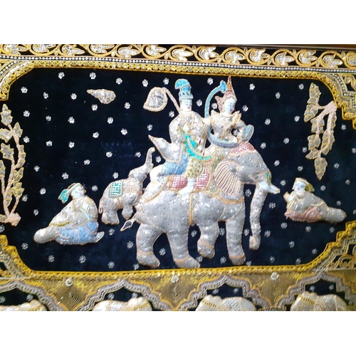 507 - A super large Thai embroidered picture of elephants with royal figures on a black velvet background,... 